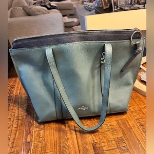 Coach blue and green pebbled leather zipper tote